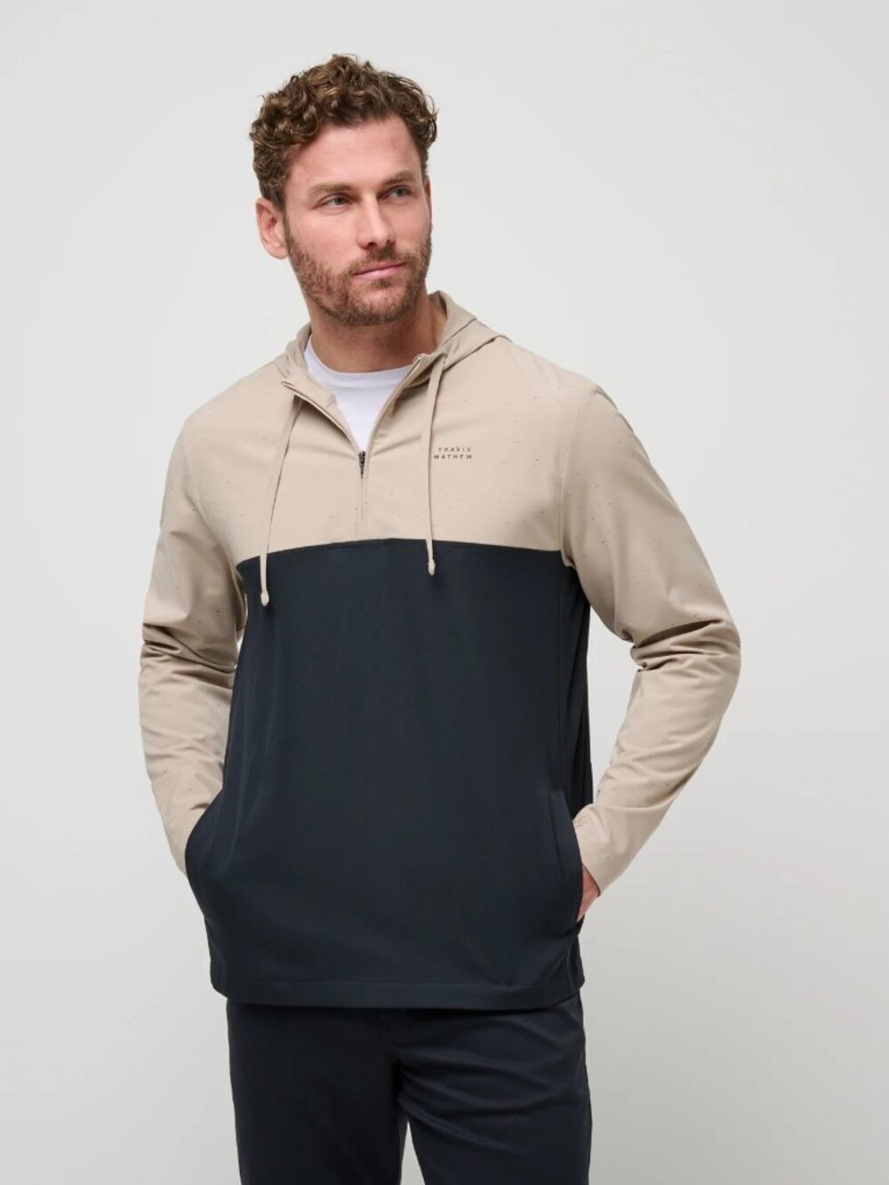 Travis Mathew Rocky Shore Quarter Zip Golf Hoodie Athleisure Tan Black - Medium